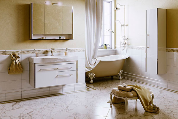 На фото – интерьер ванной комнаты с гарнитуром Layra