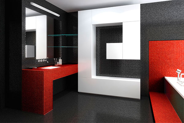 Дизайн ванной комнаты в красном, белом и черном цвете