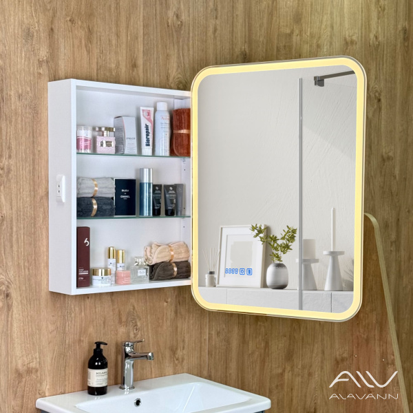 Зеркало-шкаф Косметик Лайт Плюс 60x80 с подсветкой и сменой цвета, часами и подогревом - изображение 2