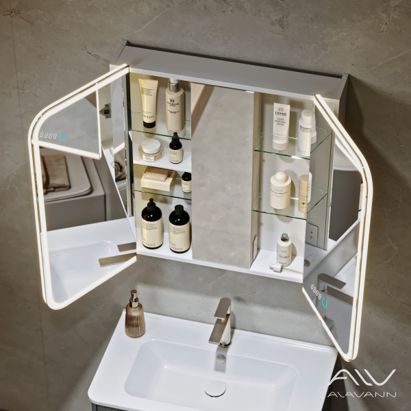 Зеркало-шкаф трюмо Косметик Лайт Плюс 80x80 с подсветкой, часами и подогревом - изображение 1