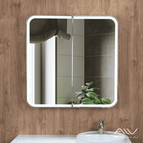 Зеркало-шкаф трюмо Косметик Лайт Плюс 80x80 с подсветкой, часами и подогревом - изображение 8