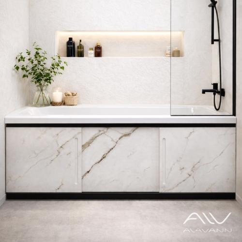 Экран под ванну Альт Блэк 150 белый мрамор, МДФ, раздвижной