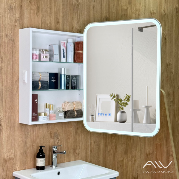 Зеркало-шкаф Косметик Лайт Плюс 60x80 с подсветкой и сменой цвета, часами и подогревом - изображение 4