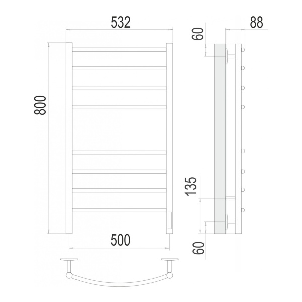 Полотенцесушитель электрический Terminus Классик П8 500x800 матовый чёрный - изображение 3