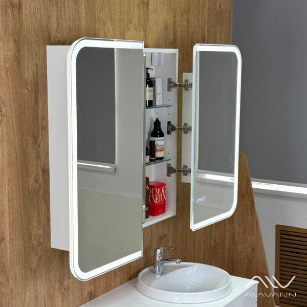 Зеркало-шкаф трюмо Косметик Лайт Плюс 80x80 с подсветкой, часами и подогревом - изображение 3