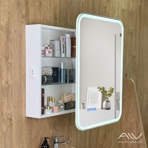 Зеркало-шкаф Косметик Лайт Плюс 60x80 с подсветкой и сменой цвета, часами и подогревом - изображение 3