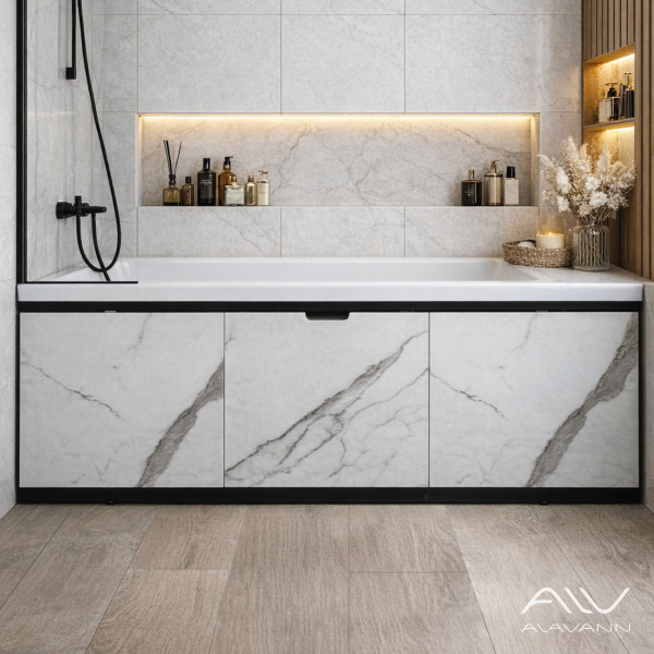 Экран под ванну МДФ Рита Блэк 150 белый мрамор, раздвижной - изображение 1