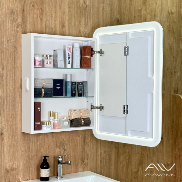 Зеркало-шкаф Косметик Лайт Плюс 60x80 с подсветкой и сменой цвета, часами и подогревом - изображение 5